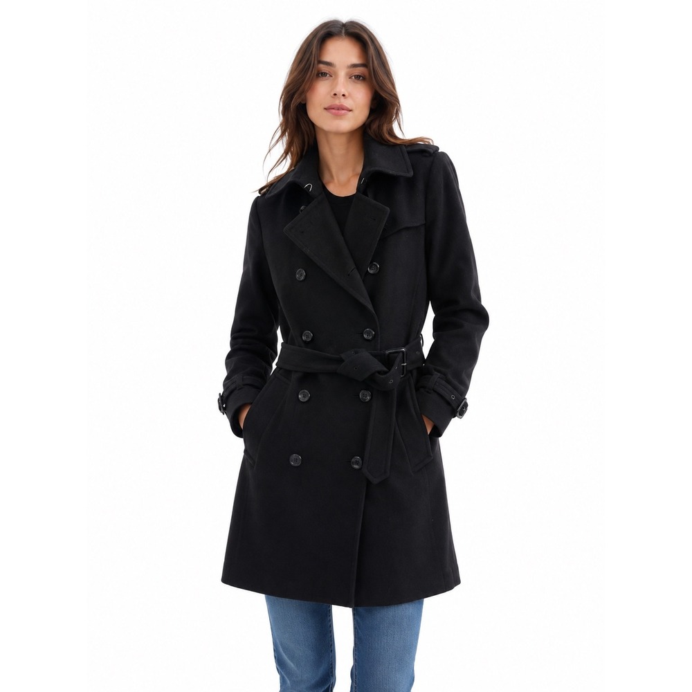 Burberry London Black Wool‎ Cashmere Belted Trench Coat US 2 UK 4